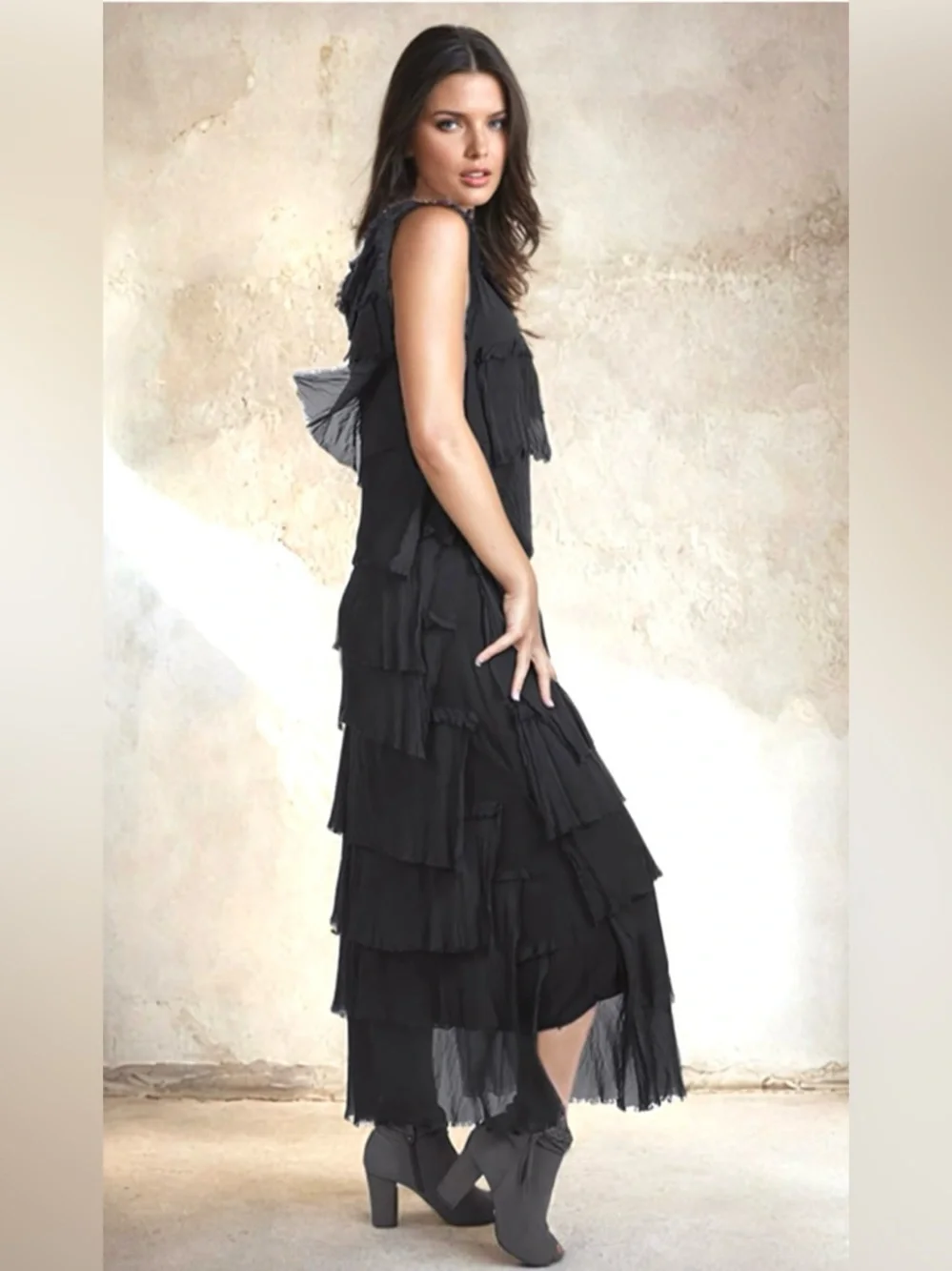 Siena Ruffle Black Tiered Sleeveless Maxi Dress - 100% Silk Layers - Picture 2 of 7